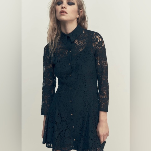 ZARA MINI LACE SHIRT DRESS SIZE L COLOR BLACK (RUNS SMALL) NWT - Picture 5 of 14